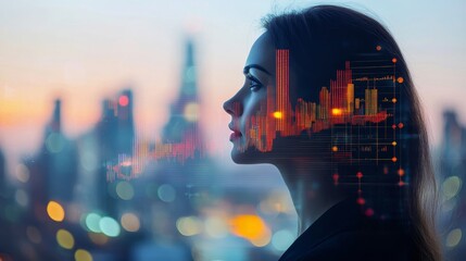 Businesswoman s profile surrounded by financial graphs and a modern digital cityscape