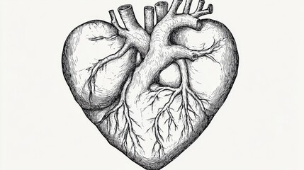 Detailed illustration of a heart-shaped anatomical diagram with veins and arteries on a light background