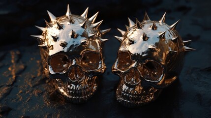 Two metallic spiked skulls resting on a dark textured surface with reflections in a dimly lit environment