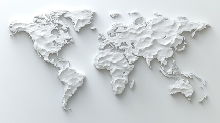 White textured world map relief on a smooth surface, creating a modern and artistic backdrop