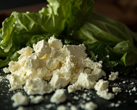 crumbled feta cheese on a rich green leafy salad