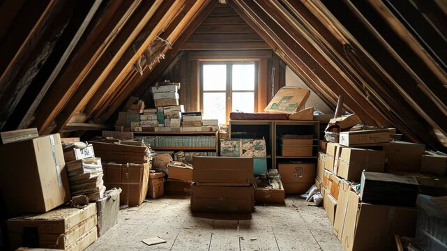 A cluttered attic filled with boxes and old items, illuminated by natural light from a window.