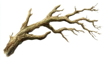 Detailed illustration of a dry, twisted branch with intricate textures and natural patterns