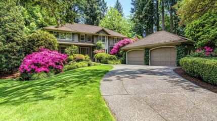 Suburban house, two-car garage, landscaping, spring blooms, real estate