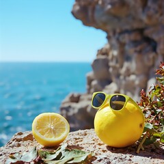 An image featuring a lemon in sunglasses and a halved lemon on a rock near the ocean with a rocky cliff in the background.