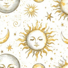 Dreamy celestial pattern featuring sun and moon illustrations, perfect for textile design, wallpapers, or children s decor, with a soothing golden palette
