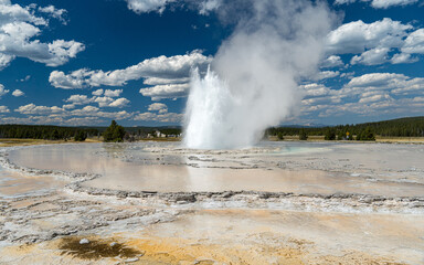 Great Fountain Geyser erupting, in the Lower Geyser Basin of Yellowstone National Park
