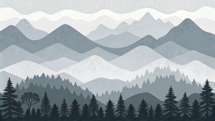 Fototapeta premium Serene Mountain Landscape in Grayscale - A peaceful illustration of mountains and forests in muted gray tones, perfect for nature themes and backgrounds