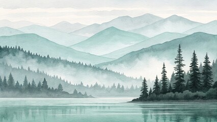 Fototapeta premium Serene Mountain Lake Landscape - A tranquil watercolor landscape featuring misty mountains and a calm lake surrounded by evergreen trees, creating a peaceful atmosphere