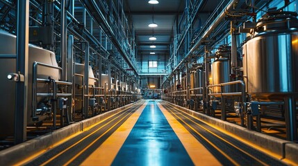 Obraz premium Industrial Dairy Processing Facility with Modern Equipment and Clean Aisle View