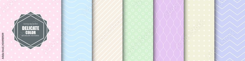 Poster Collection of color delicate geometric seamless patterns. Simple cute bright backgrounds with lines and dots. Repeatable unusual minimalistic prints. Textile endless textures