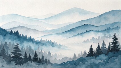 Fototapeta premium Serene Mountain Landscape in Watercolor Art - A beautiful watercolor painting showcasing tranquil mountains and dense forest in shades of blue and green