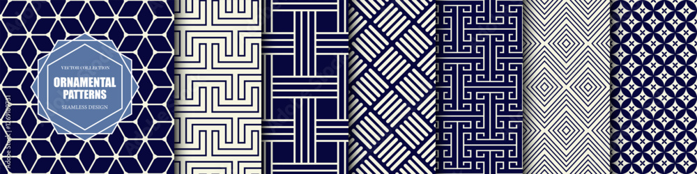 Poster collection of elegant geometric seamless ornamental patterns. symmetric blue and beige textures. vec