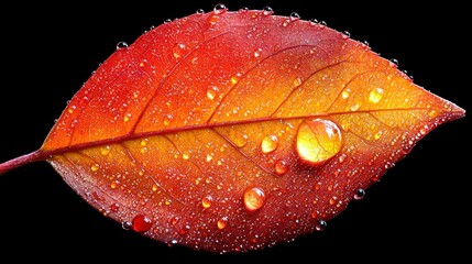 Autumn leaf, dew drops, black background, nature close-up, seasonal design