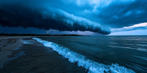 Dramatic coastal thunderstorm with lightning strike over the ocean waters