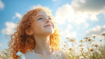 Beautiful Young Girl with Curly Red Hair Smiling in a Sunny Field Surrounded by Blossoming Flowers and Blue Skies