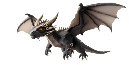 3D rendered dragon in a flying pose, A dragon in flight, with detailed scales and wings, set against a dramatic sky. 