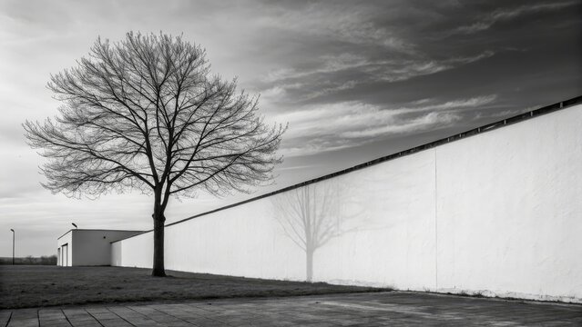 Striking Black and White Landscape with Tree and Wall - A captivating black and white featuring a lone tree casting a shadow on a white wall under a cloudy sky