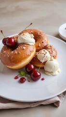Obraz premium Soft donuts paired with creamy ice cream and topped with fresh cherries, creating the ultimate indulgent dessert