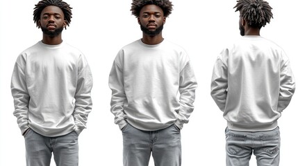 Young man wearing a plain white sweatshirt, standing confidently with hands in pockets, isolated