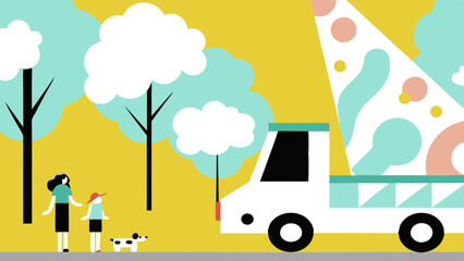 Fototapeta premium Vector illustration: Food truck, trees, and people in minimalist outdoor scene. Represents street food and outdoor dining. Modern geometric style for urban living content.