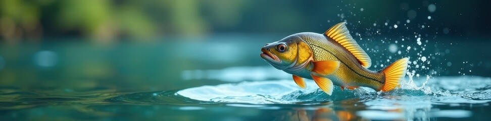 Naklejka premium Large fish jumping out of water with ripples on the surface, water, splash