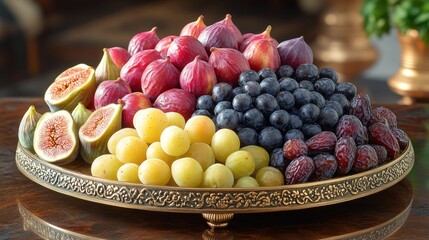 Assorted fresh figs, grapes, and dates on an ornate platter.