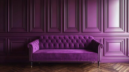 Purple velvet sofa in a classic room interior, design mockup