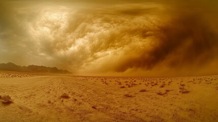 Obraz premium Dramatic Sandstorm Sweeping Through a Vast Desert Landscape Under Golden Skies