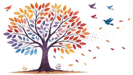 Fototapeta premium Autumnal Tree with Birds in Flight Watercolor, Digital Illustration, Seasonal Change, fall, birds Autumn leaves, watercolor painting