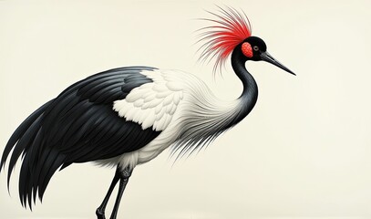 Fototapeta premium Elegant Black and White Crowned Crane with Red Crest Illustration