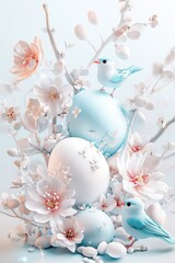 3D-rendered spring fantasy scene featuring soft blue and pink floral elements.