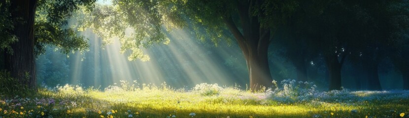 Sunbeams in Forest Meadow, Peaceful Background