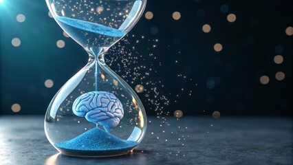 Hourglass with Brain Time, Memory, and Cognitive Decline Concept, 3D Render, Blue Sand, Bokeh Background Cognitive Function, Time Perception
