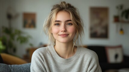 Young woman with a warm smile sitting in a cozy living room surrounded by plants and art