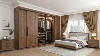 Modern Bedroom with Wooden Wardrobe and Sliding Doors, Interior Design Concept, 3D Rendering, Bedroom Decor Bedroom design, 3D rendering