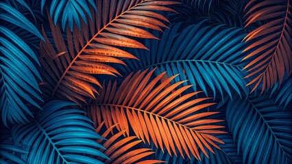 Tropical Palm Leaves Blue and Orange Contrast, Abstract Nature, Botanical Art Palm leaves, tropical background, teal, orange