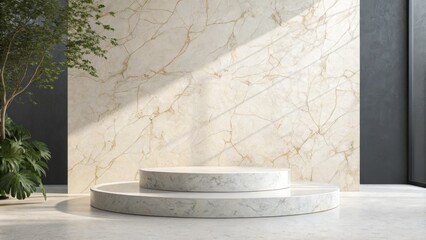Two-Tiered Marble Podium with Plant and Marble Wall, Minimalist Product Display, Mockup, 3D Render Product display, Mockup