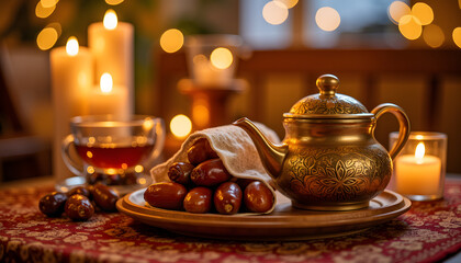 Fototapeta premium Warm festive gathering with tea and dates on patterned tablecloth, celebration