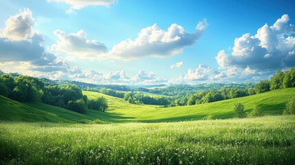 Fototapeta premium Lush Green Landscape Under Blue Sky with Soft Clouds in a Realistic Photography Style