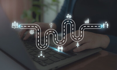 Business partnerships and ecosystem concept. Business collaboration strategies. Using laptop...