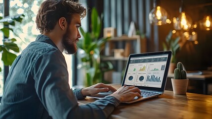 Young Entrepreneur Analyzing Digital Marketing Data in Stylish Coworking Space