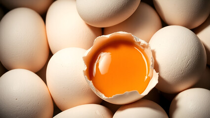top view of white eggs and single broken egg with a yolk. White Eggs and Yellow Egg Yolk, Chicken egg is half broken among other eggs