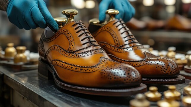 Close-up of hands in gloves inspecting handcrafted brown leather brogue shoes.