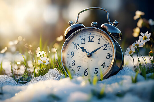 Spring forward. Time change in spring. Daylight saving time. Vintage alarm clock with melted snow, fresh green grass, and tiny spring flowers. Clock turn forward one hour in spring