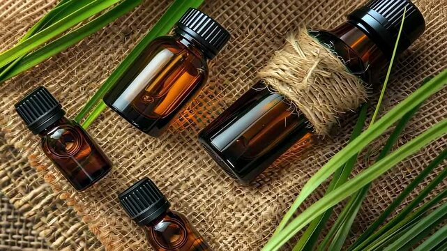 vetiver essential oil on burlap background. selective focus