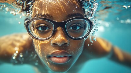Underwater portrait of a child with glasses.