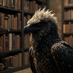 Fototapeta premium A close-up image of a detailed eagle sculpture with a textured, feathered head and sharp beak, set against a backdrop of bookshelves filled with books.