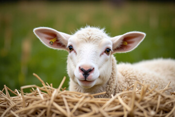 Obraz premium Sheep's face peeks from hay pile in grassy field with alert look