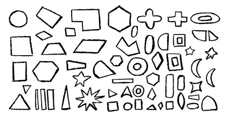 Set of basic geometric shapes. Circle, square, rectangle, triangle and other polygons drawn with charcoal. Collection of outlines geometric symbols for school written by children. Vector illustration
